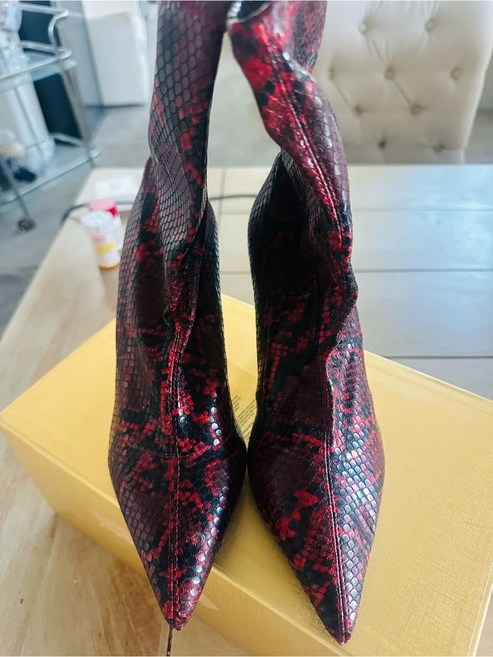 Women's Red Snake-Print Pointed Toe Stiletto Booties